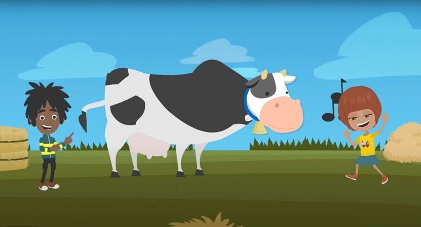 Disegno di una mucca in bianco e nero e due bambini che ballano