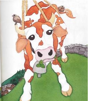 Disegno di una mucca sospesa in aria su corde sopra il paesaggio. Un uccello siede sul suo corno e un altro sulla sua coda.