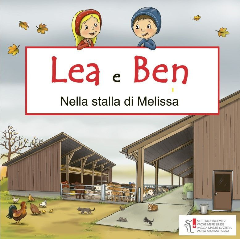 Immagine di copertina del terzo opuscolo “Lea e Ben - Nella stalla di Melissa”. Stalla di vacche nutrici in autunno e galline, gatti e topi in primo piano.