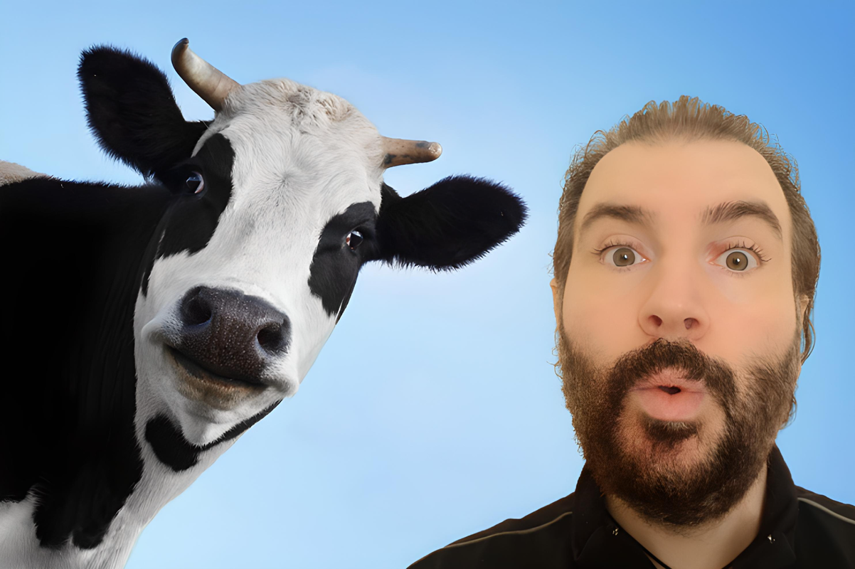 Ritratto di Dario Sgrò accanto alla testa di una mucca.